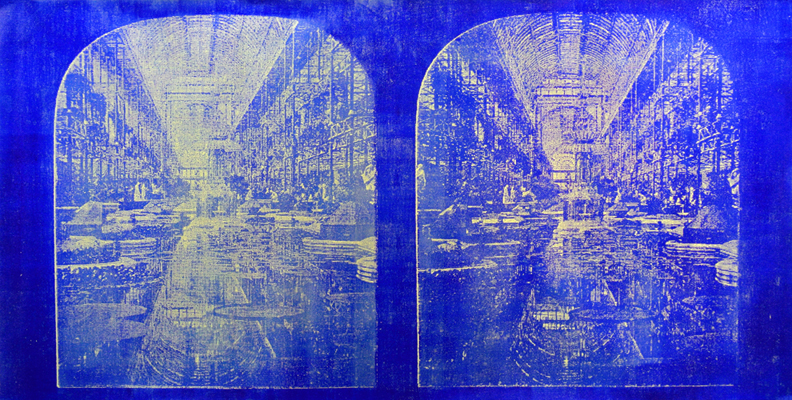 Katsutoshi Yuasa, 2015, Observation point  95.5cm x 190cm  Oil-based woodcut on aluminum leaf paper